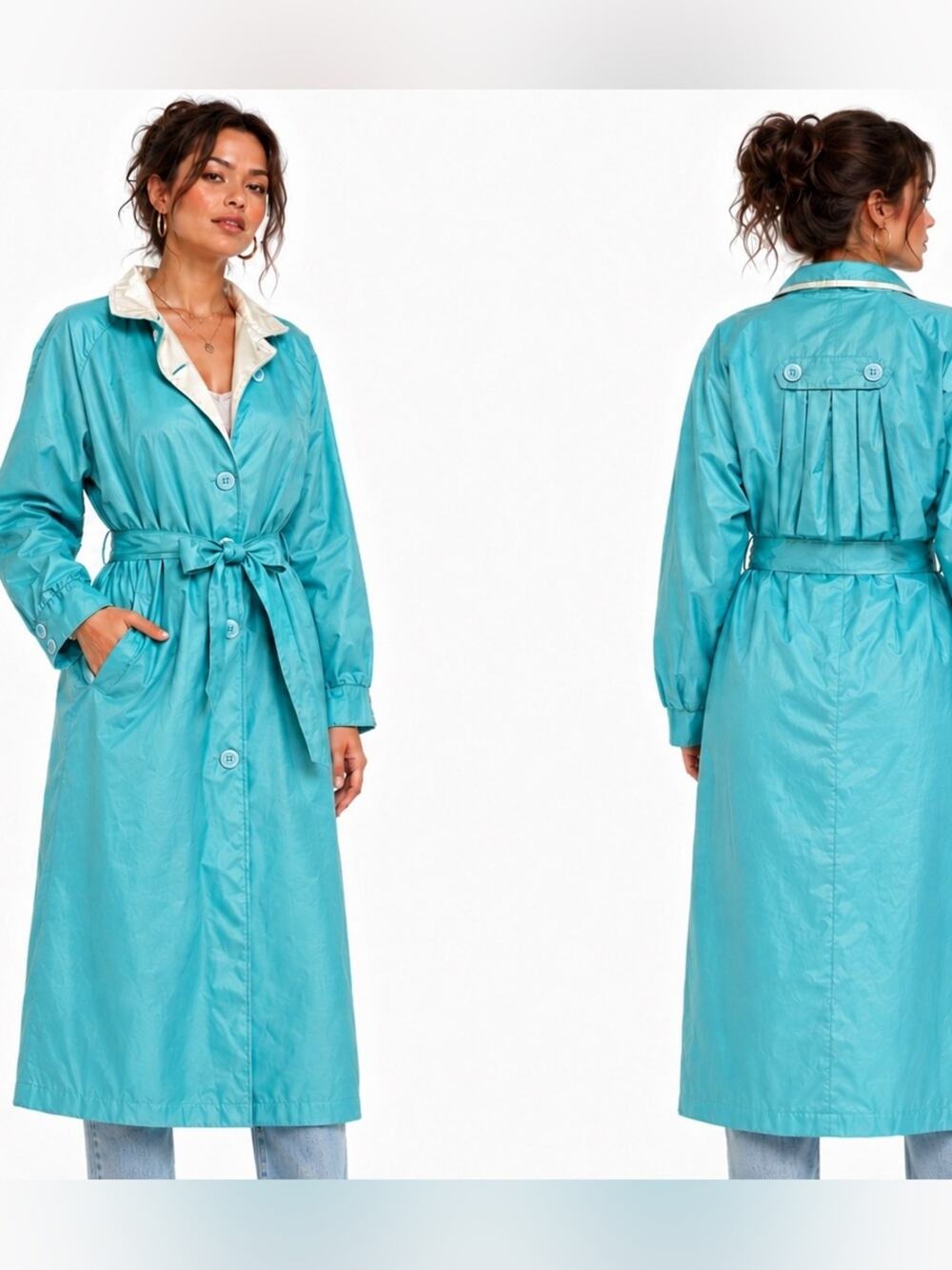 Vintage Aqua Shimmer Belted Trench Coat Midi Rain Coat Womens Size 14P Ladylike
